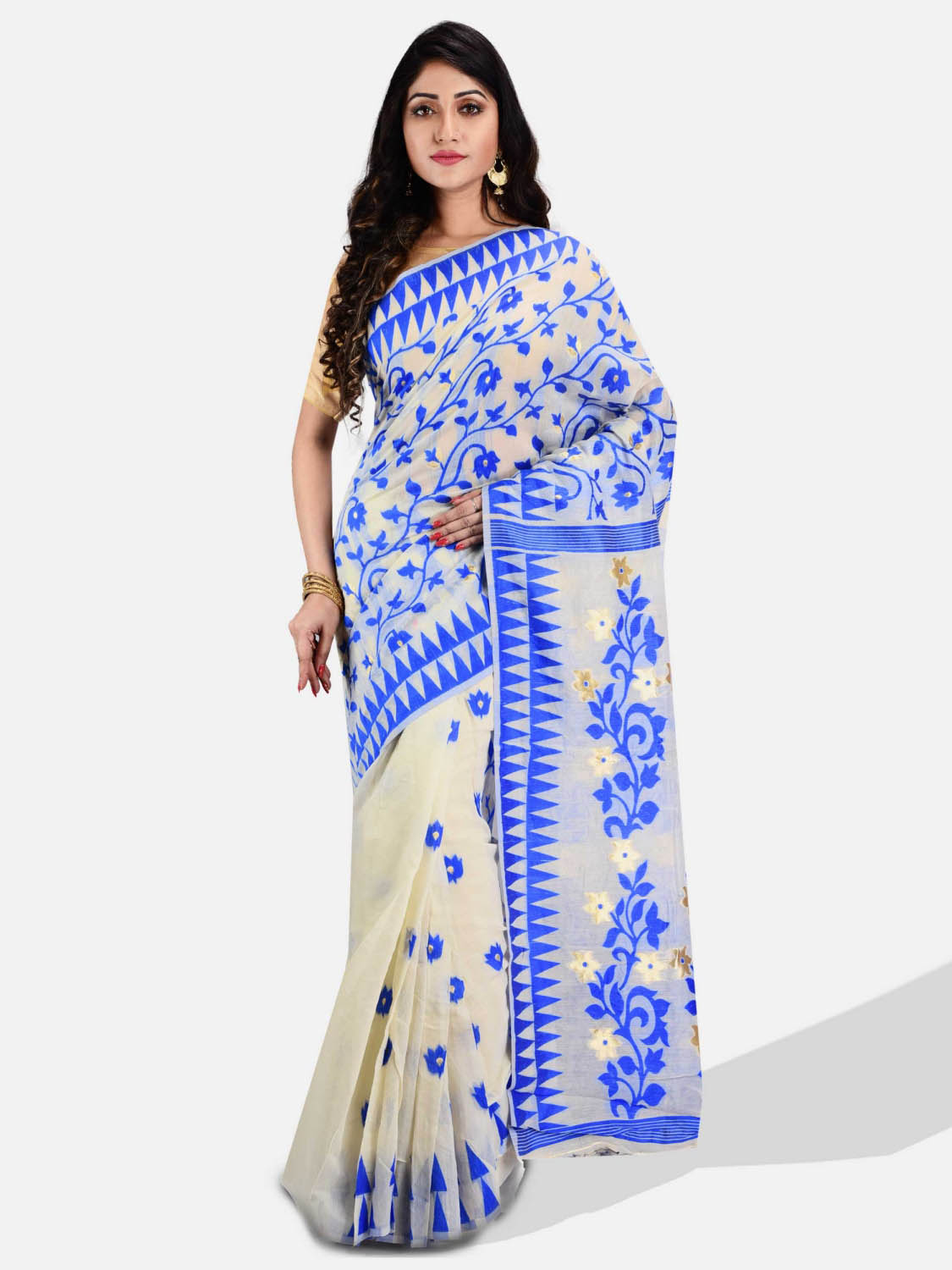 Soft Resham Dhakai jamdani Bengal Cotton Saree Whole Body Design with Blouse Pcs (Blue White)